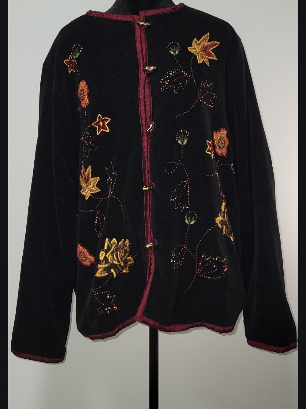 White Stag Black Velvet Blazer with Gold and Burgundy Floral Embroidery